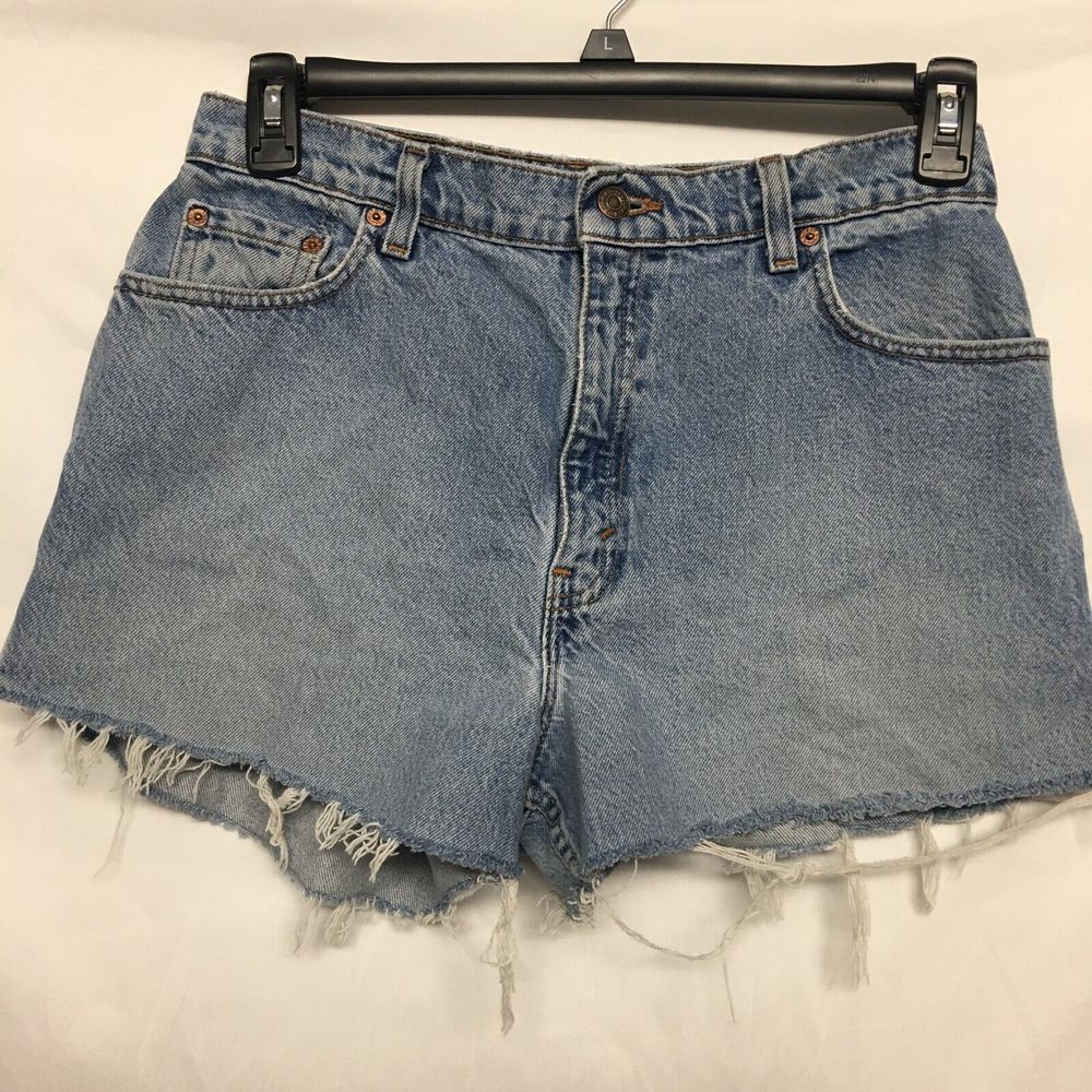 Levis 550 Shorts Womens 12 Blue Jean Denim Relaxed Fit High Rise Fryed Hem
